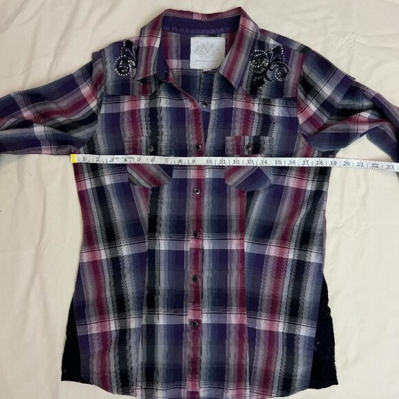 Maurices Premium Purple Plaid Shirt  with Fleur De Lis Embellishments - Picture 8 of 12